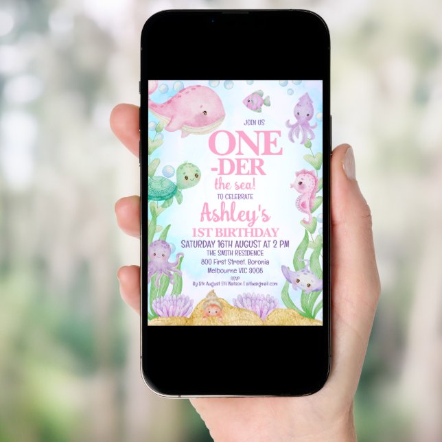Pink Whale Oneder the Sea 1st Birthday Invitation (Front Digital)