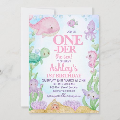 Pink Whale Oneder the Sea 1st Birthday Invitation