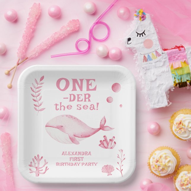 Pink Whale Oneder The Sea 1st Birthday  Paper Plates (Party)