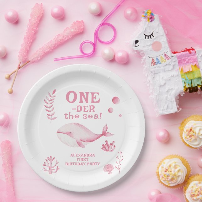 Pink Whale Oneder The Sea 1st Birthday  Paper Plates (Party)