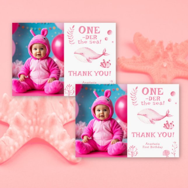 Pink Whale Oneder The Sea 1st Birthday  Thank You Card (Creator Uploaded)