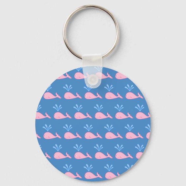 Pink Whale Pattern on Blue. Keychain (Front)