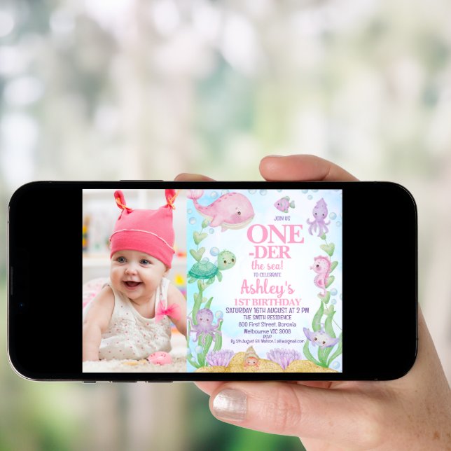 Pink Whale Photo Oneder the Sea 1st Birthday Invitation (Front Digital)