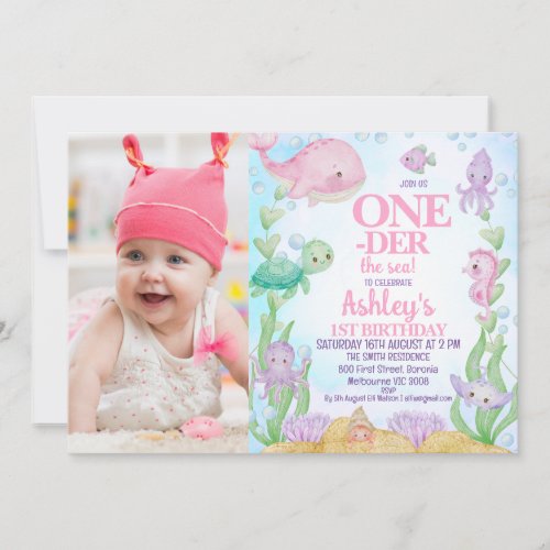Pink Whale Photo Oneder the Sea 1st Birthday Invitation