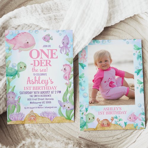 Pink Whale Photo Oneder the Sea 1st Birthday Invitation