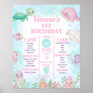 Pink Whale Under The Sea 1st Birthday Milestone Poster