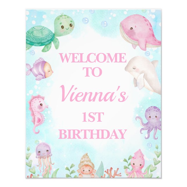 Pink Whale Under the Sea 1st Birthday Welcome Sign (Front)