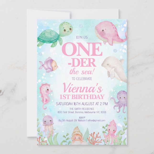 Pink Whale Under the Sea Creatures 1st Birthday Invitation (Front)