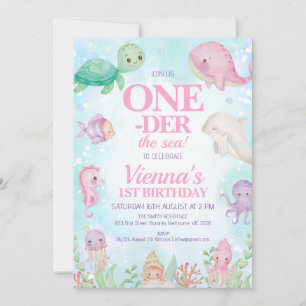 Pink Whale Under the Sea Creatures 1st Birthday Invitation