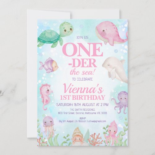 Pink Whale Under the Sea Creatures 1st Birthday Invitation