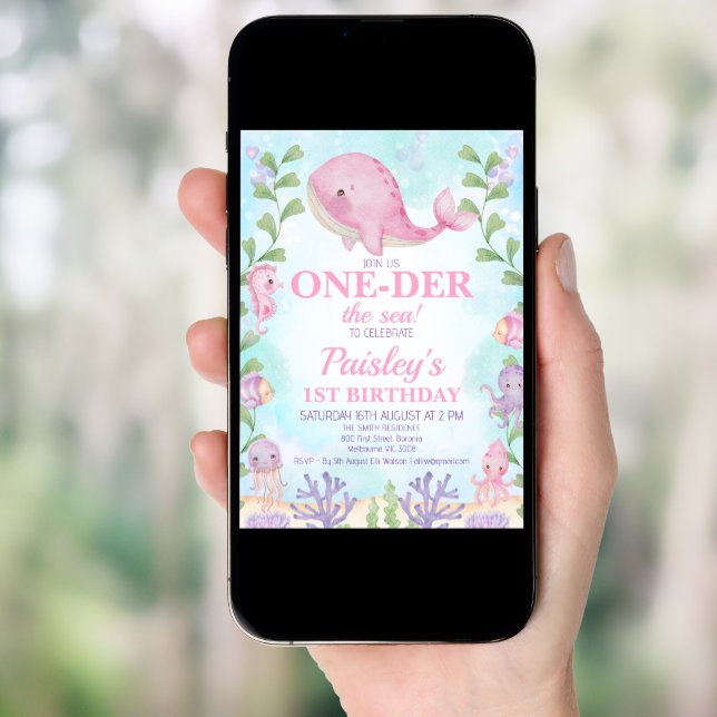 Pink Whale Under the Sea Girls 1st Birthday Invitation (Front Digital)