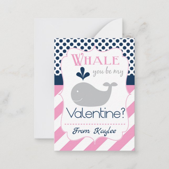 Pink Whale You Be My Valentine Note Card (Front)