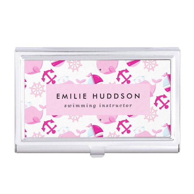 Pink Whales, Swim Instructor, Swimming Coach Business Card Case (Front)