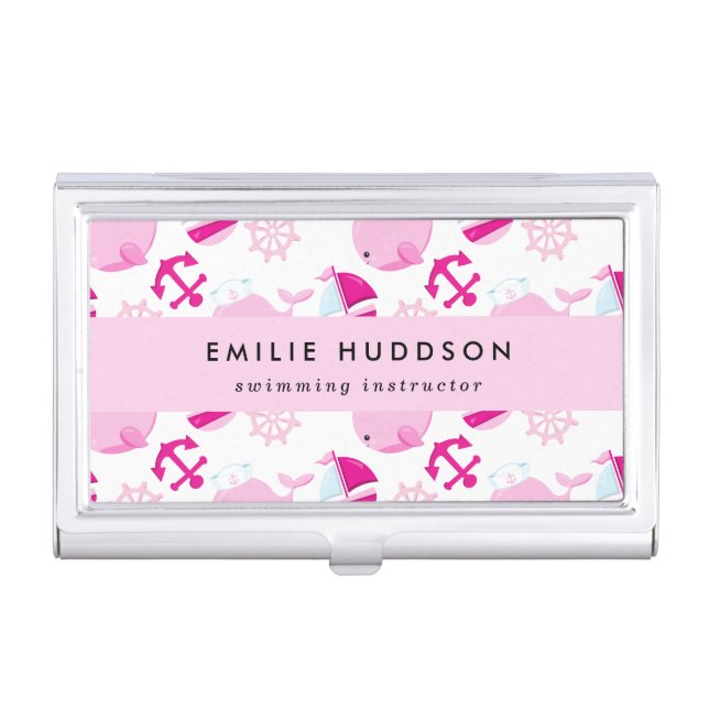 Pink Whales, Swim Instructor, Swimming Coach Business Card Case (Front)