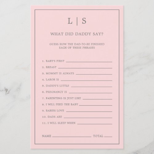 Pink What Did Daddy Say Cute Baby Shower Game