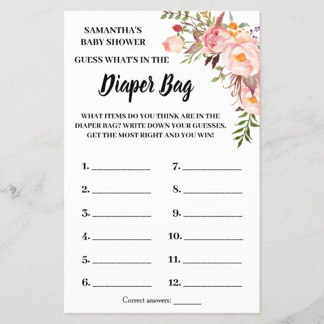 Pink What is in the diaper bag shower game card Flyer (Front)