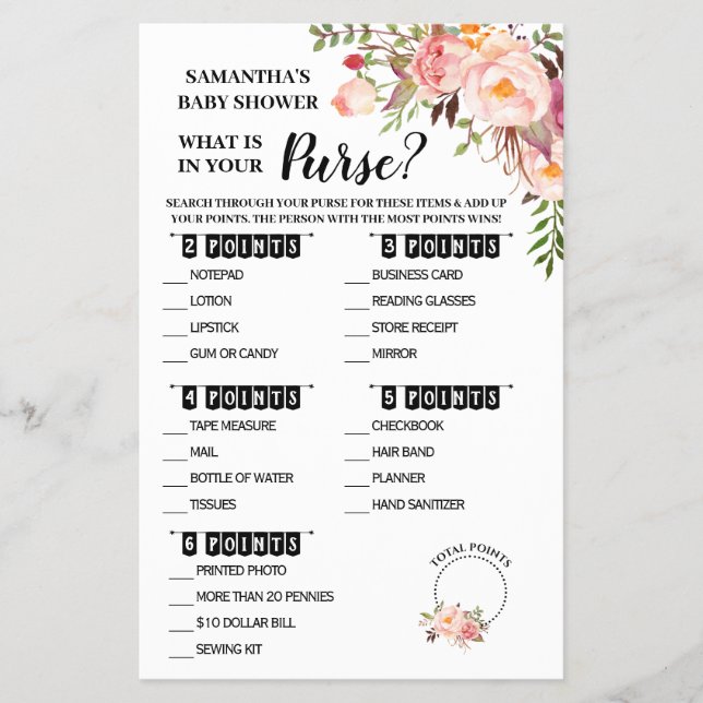 Pink What is in your Purse bilingual game card Flyer (Front)