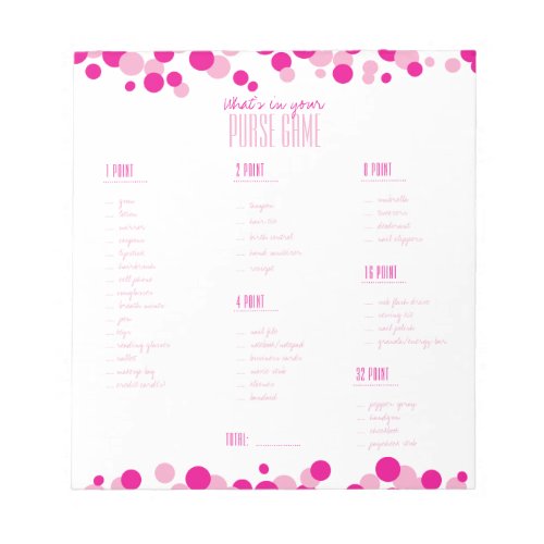 Pink Whats in Your Purse Bridal Game Notepad