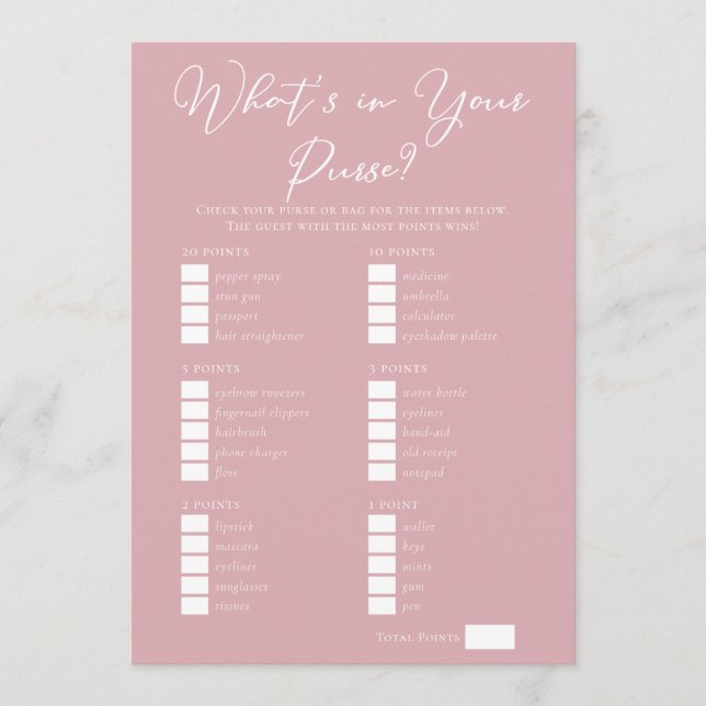 Pink What's in Your Purse Bridal Shower Game Card (Front)
