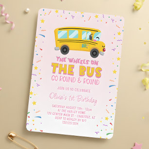 Pink Wheels on the Bus 1st Birthday Invitation