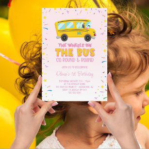 Pink Wheels on the Bus 1st Birthday Invitation