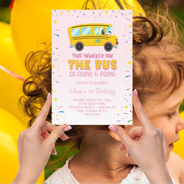 Pink Wheels on the Bus 1st Birthday Invitation (Creator Uploaded)