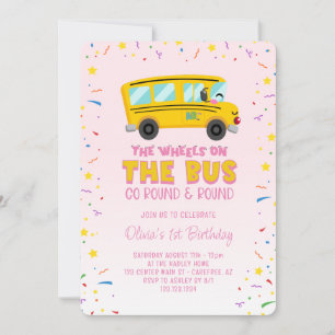 Pink Wheels on the Bus 1st Birthday Invitation