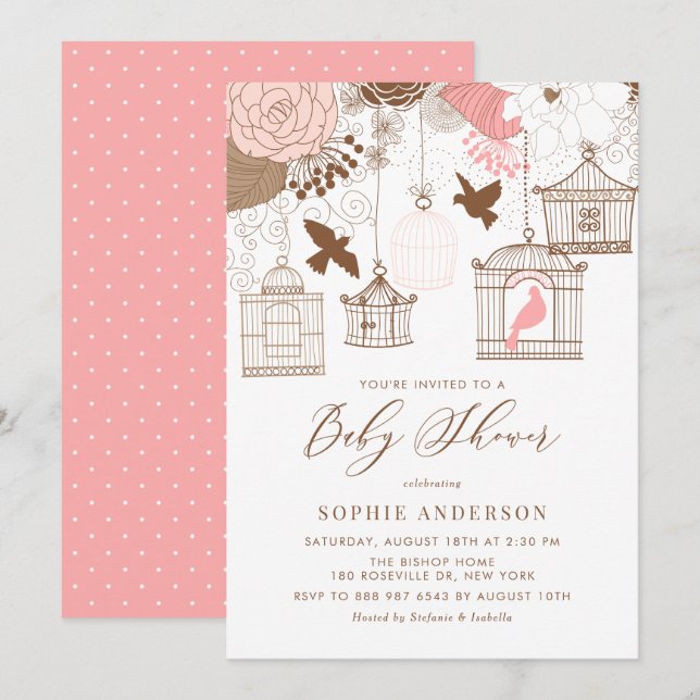 Pink Whimsical Birdcages Baby Shower Invitation (Front/Back)