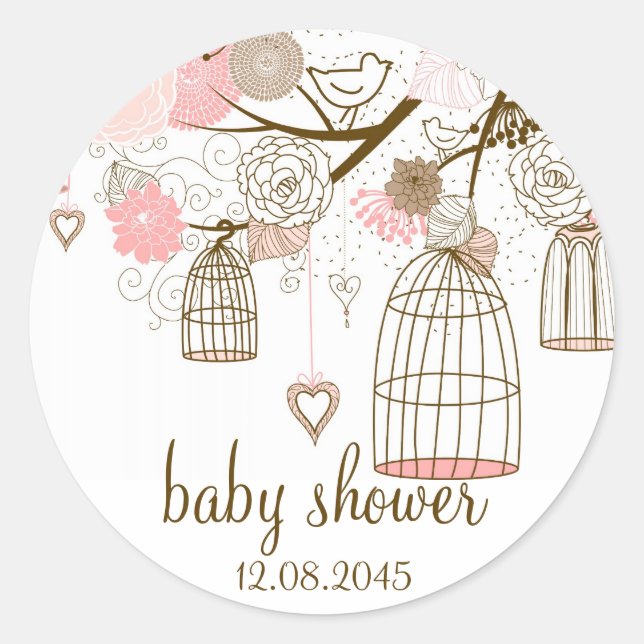 Pink Whimsical Birdcages Baby Shower Sticker (Front)
