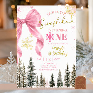 Pink Whimsical Bow Snowflake Birthday Invitation