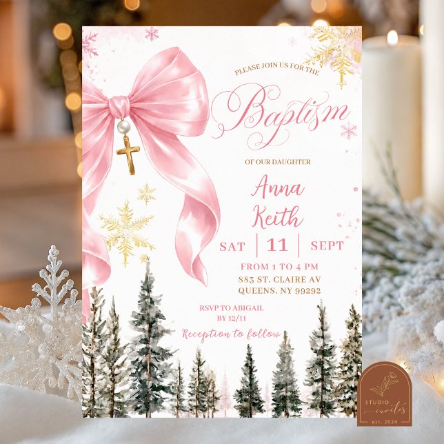 Pink Whimsical Bow Winter Baptism invitation (Creator Uploaded)