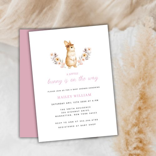 Pink Whimsical Bunny Wildflower  Baby Shower Invitation