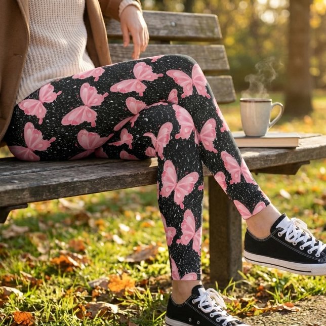 Pink Whimsical Butterflies on Black Leggings (Creator Uploaded)