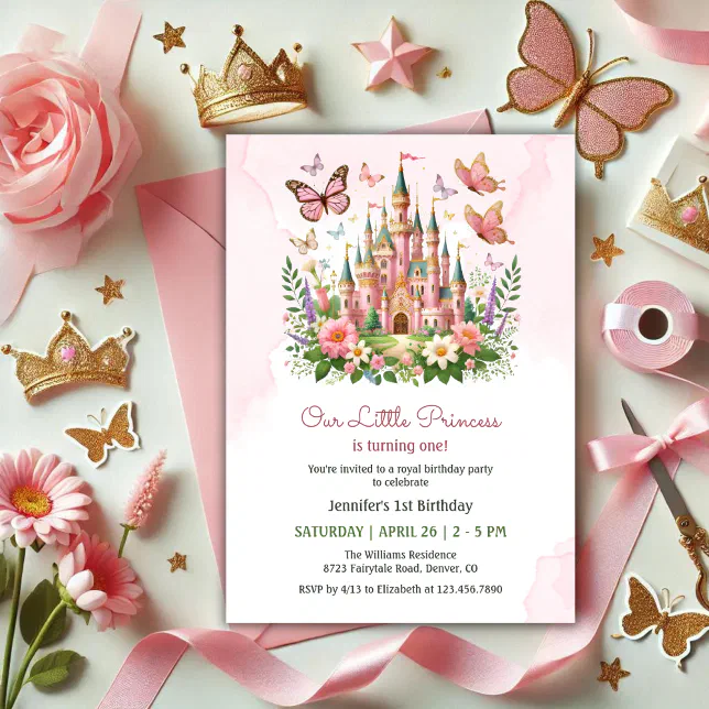 Pink Whimsical Castle Little Princess 1st Birthday Invitation | Zazzle