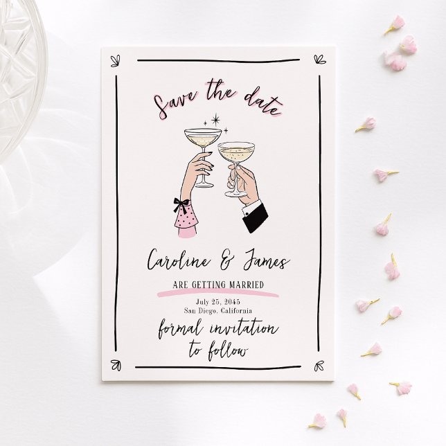 Pink Whimsical Champagne Toast Hands Save the Date Invitation (Creator Uploaded)
