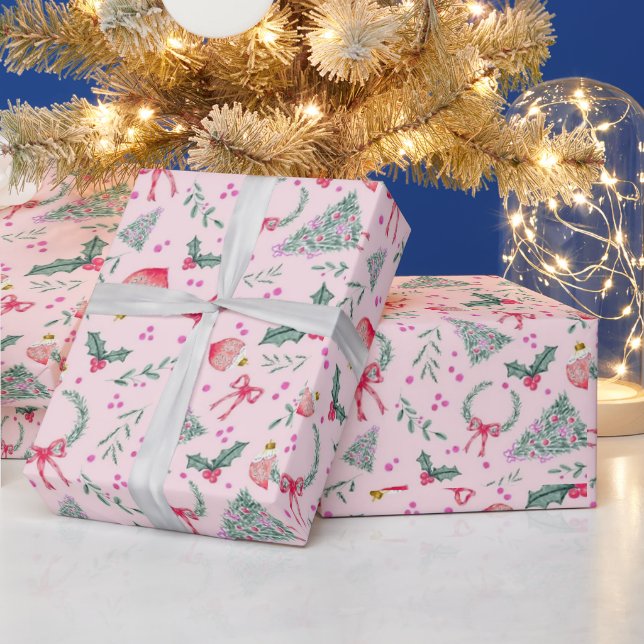 Pink whimsical christmas  wrapping paper (Holidays)