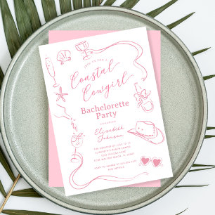 Pink Whimsical Coastal Cowgirl Bachelorette Party Invitation