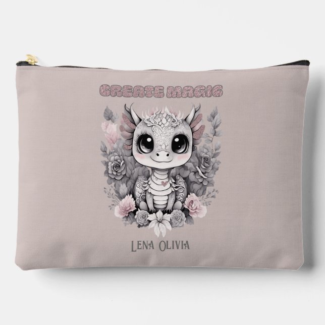 Pink Whimsical "Create Magic" Little Dragon  Accessory Pouch (Front)