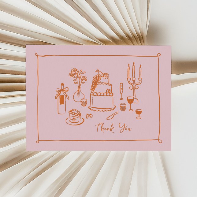 Pink Whimsical Doodle Hand-Drawn Thank You Card (bridal shower thank you card in pink and orange hand-drawn food doodles)