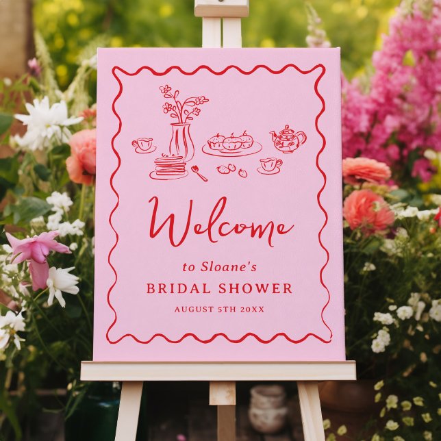 Pink Whimsical Doodle Hand Drawn Welcome Sign (pink and red, hand-drawn doodles, bridal shower welcome sign)