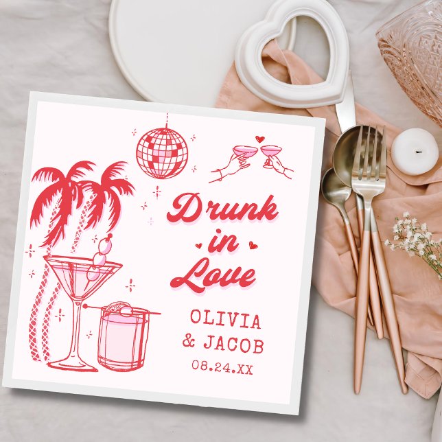 Pink Whimsical Drunk In Love Cocktail Wedding Napkins (Creator Uploaded)