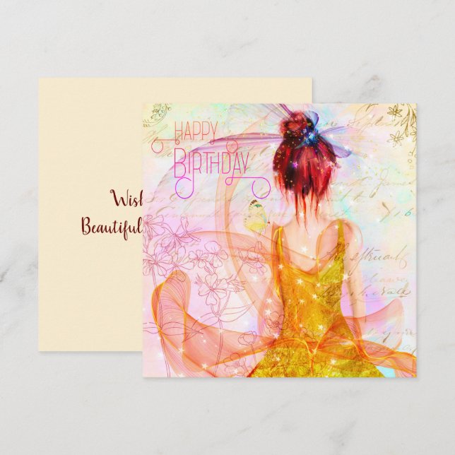 Pink Whimsical Fairy Girl Birthday Card (Front/Back)