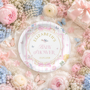 Pink Whimsical Floral Girl Baby Shower Paper Plates