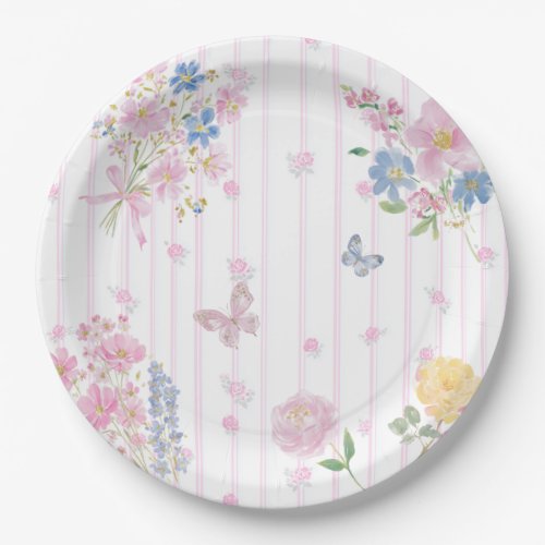 Pink Whimsical Floral Girl Baby Shower Paper Plates