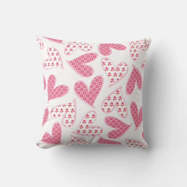 Pink Whimsical Floral Hearts Pattern Throw Pillow (Front)