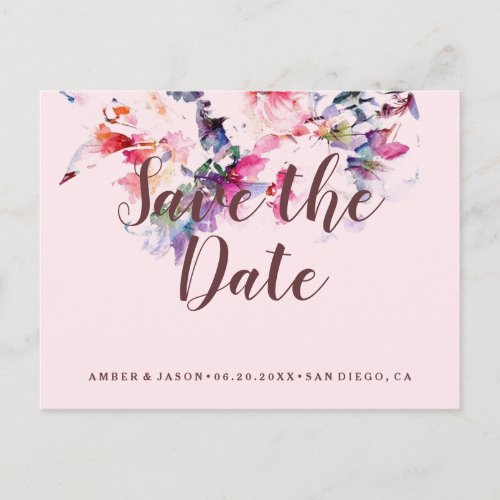 Pink Whimsical Floral Watercolor Save the Date Announcement Postcard