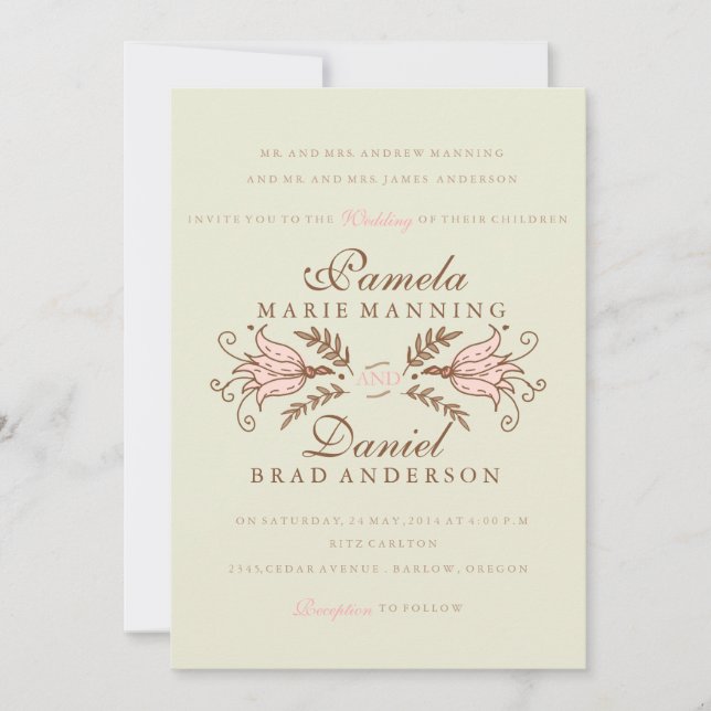 Pink Whimsical Florals Wedding Invitations (Front)