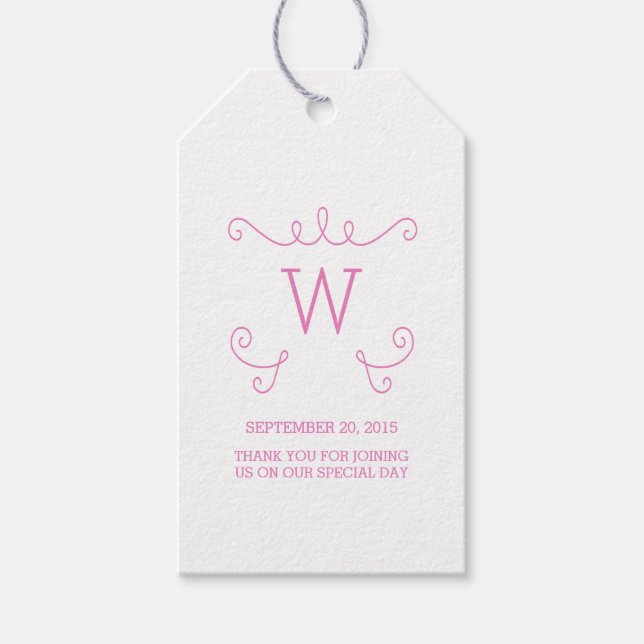 Pink Whimsical Flourish Monogram Gift Tags (Front)