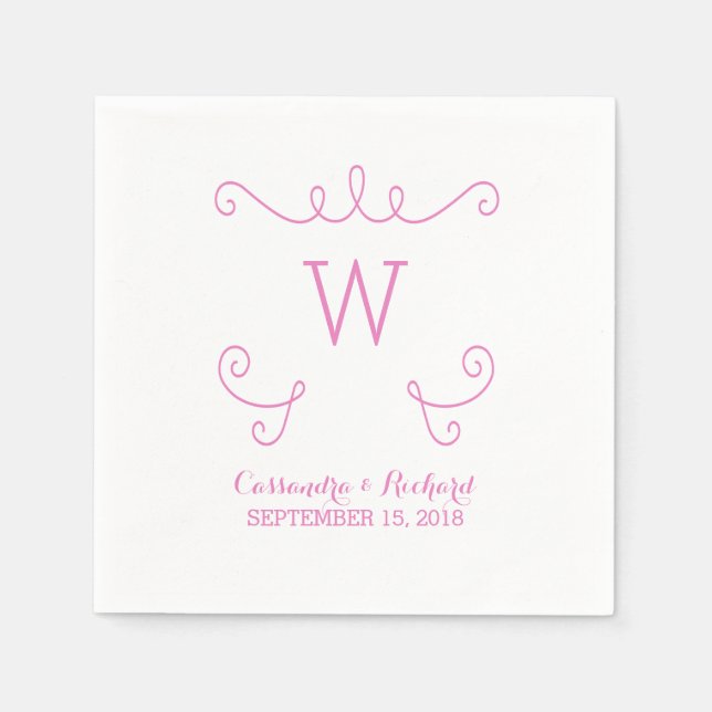 Pink Whimsical Flourish Monogram Paper Napkins (Front)