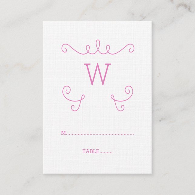 Pink Whimsical Flourish Monogram Place Card (Front)